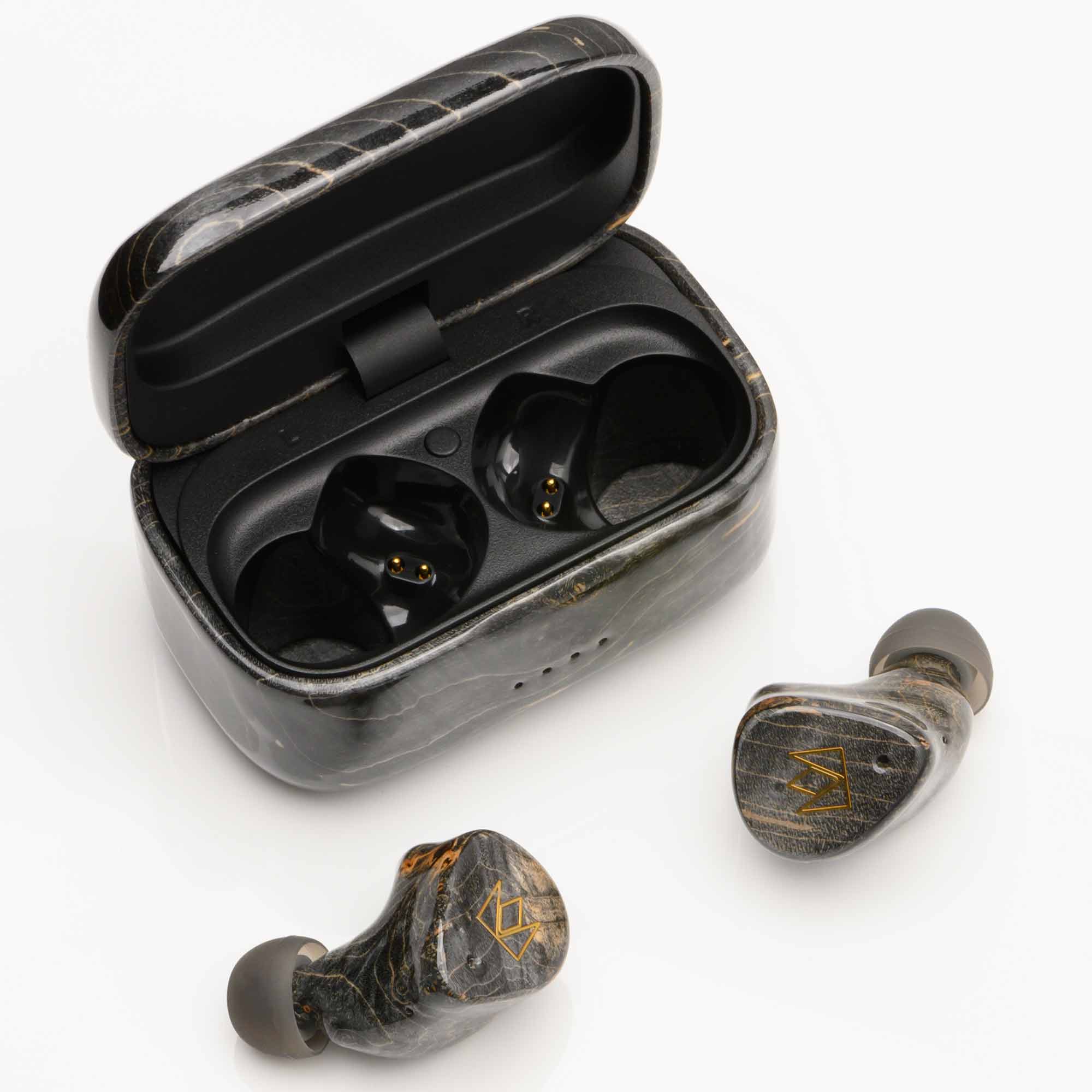 Noble Audio FoKus Prestige Wireless IEM earbuds with open charging case, featuring black and gold marble finish on white background