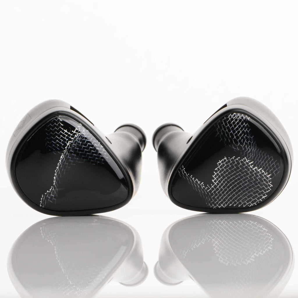Noble Audio Onyx Universal Fit In-Ear Monitors with glossy black finish and subtle mesh detail on reflective surface