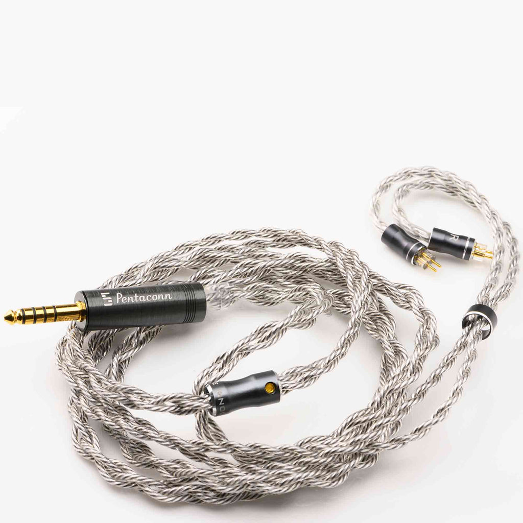 Close-up of Noble Audio Viking Ragnar Universal-Fit IEM detachable silver braided cable with gold-plated connectors on white background