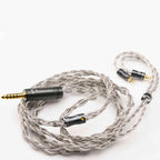 Close-up of Noble Audio Viking Ragnar Universal-Fit IEM detachable silver braided cable with gold-plated connectors on white background