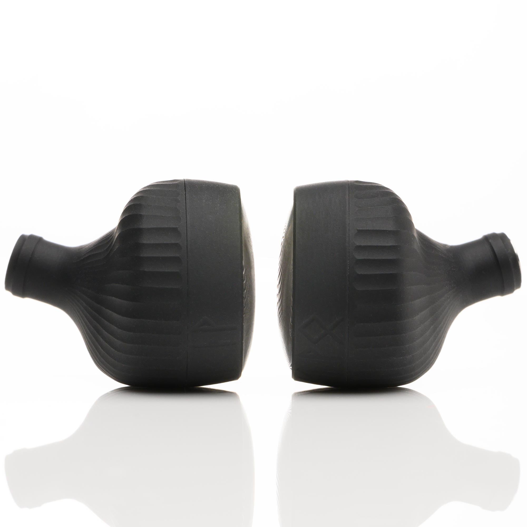 Pair of black Noble Audio Viking Ragnar Universal-Fit IEMs shown from side angle on white reflective surface