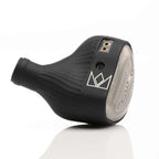 Close-up of the Noble Audio Viking Ragnar Universal-Fit IEM with textured black shell and logo on white background