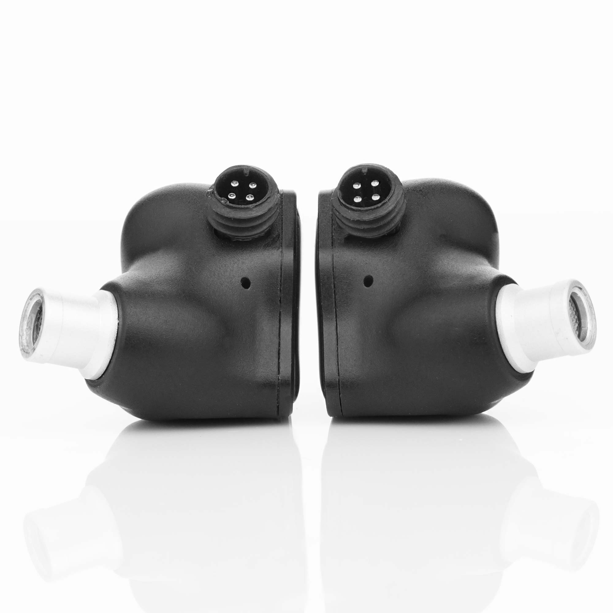 Noble Audio XM-1 IEM with xMEMS Driver showing black earbud shells with white nozzles and multi-pin connectors on white background