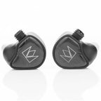 Noble Audio XM-1 IEM with xMEMS Driver black in ear monitors with silver logo close-up on white background