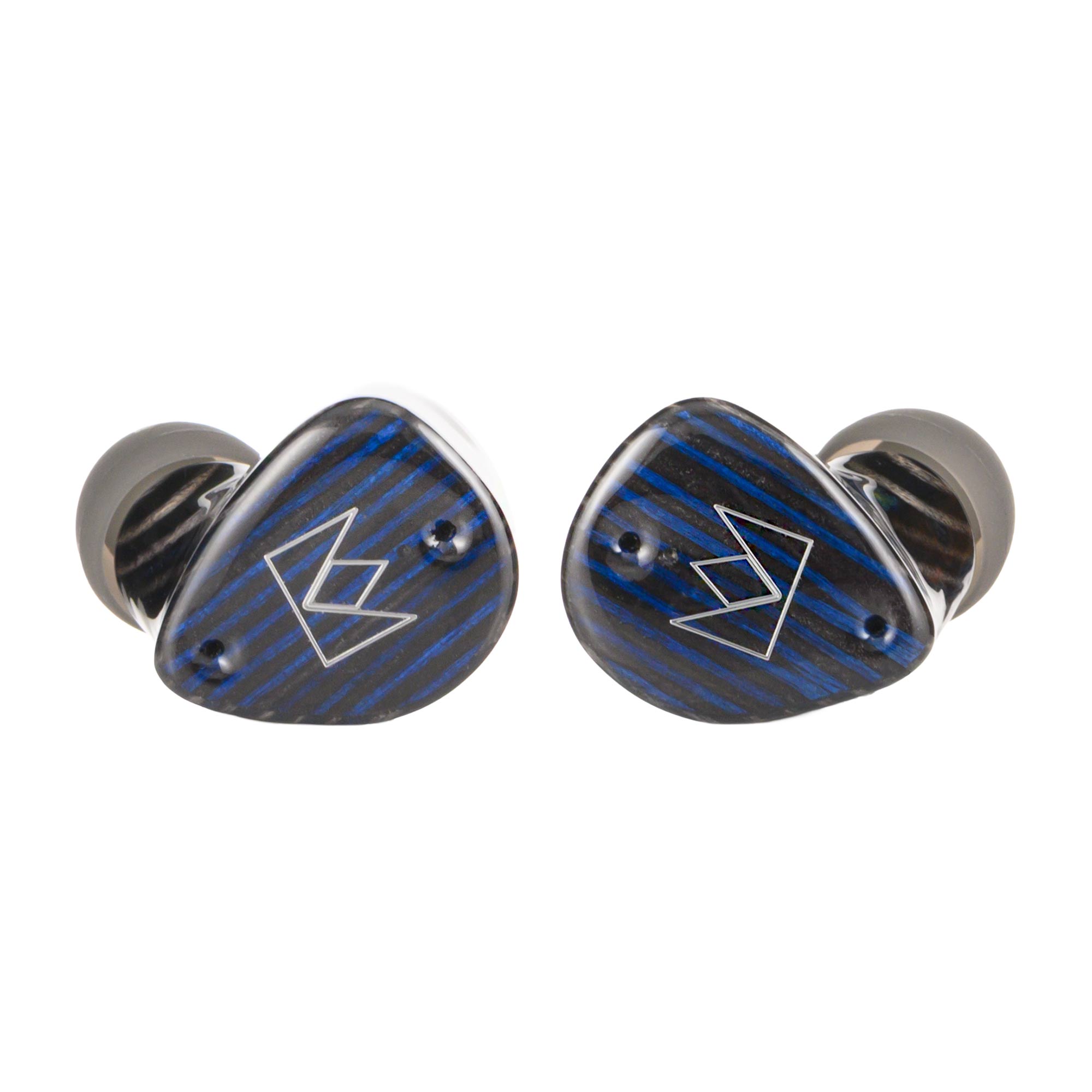 Noble Audio FoKus Prestige Encore TWS wireless in ear monitors with blue striped faceplates on white background