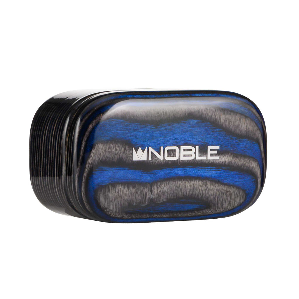 Noble Audio FoKus Prestige Encore TWS charging case with wood grain finish and silver logo on white background