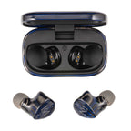 Noble Audio FoKus Prestige Encore TWS wireless earbuds with black and blue finish and open charging case on white background