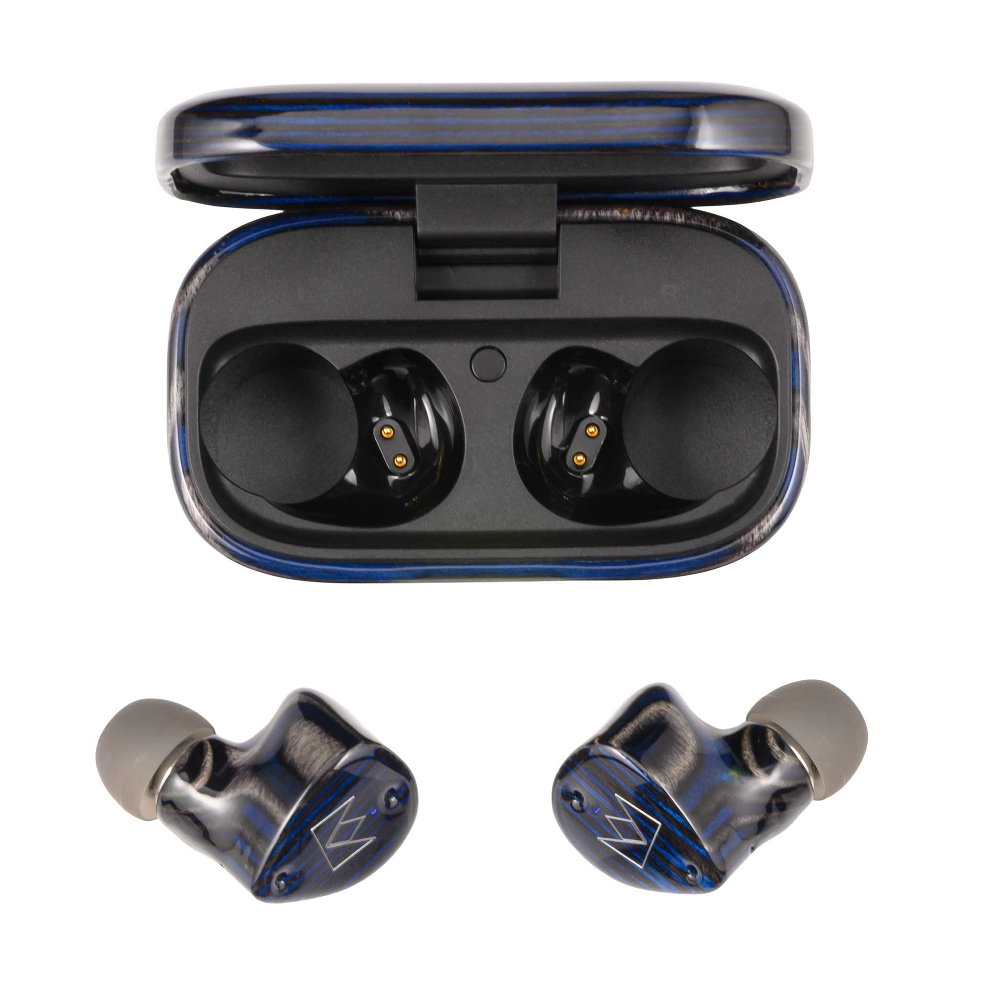 Noble Audio FoKus Prestige Encore TWS wireless earbuds with black and blue finish and open charging case on white background