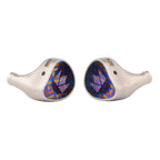 Noble Audio Kronos Flagship IEM in-ear monitors with metallic silver shells and colorful geometric faceplates on white background