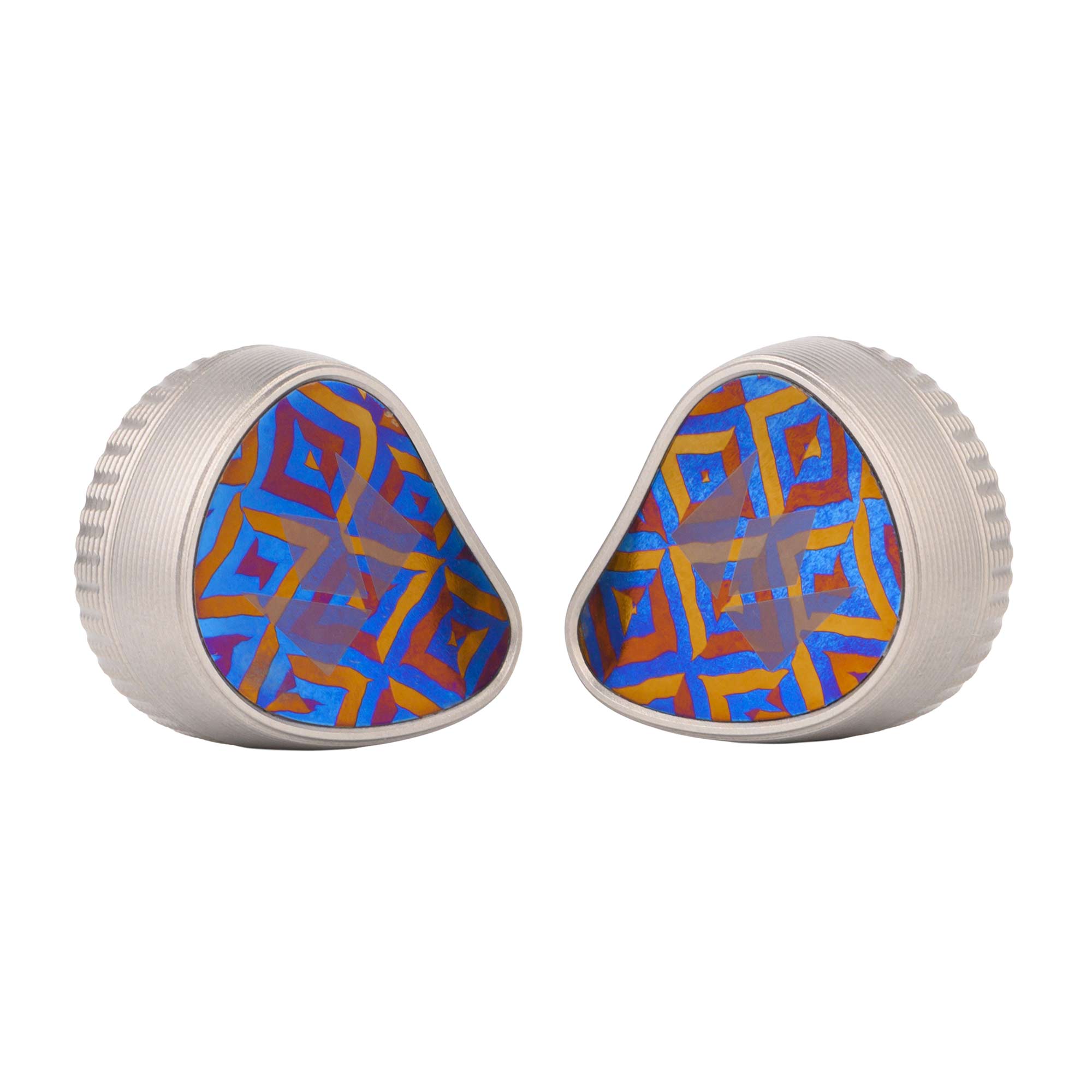 Noble Audio Kronos Flagship IEM with patterned faceplates and metallic silver outer shell on white background