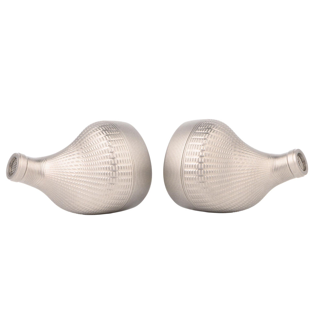 Noble Audio Kronos Flagship IEM metallic silver earpieces with textured surface on white background