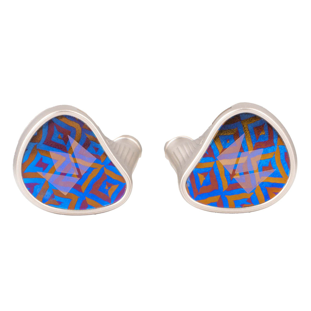 Noble Audio Kronos Flagship IEM pair with blue and orange geometric pattern on white background