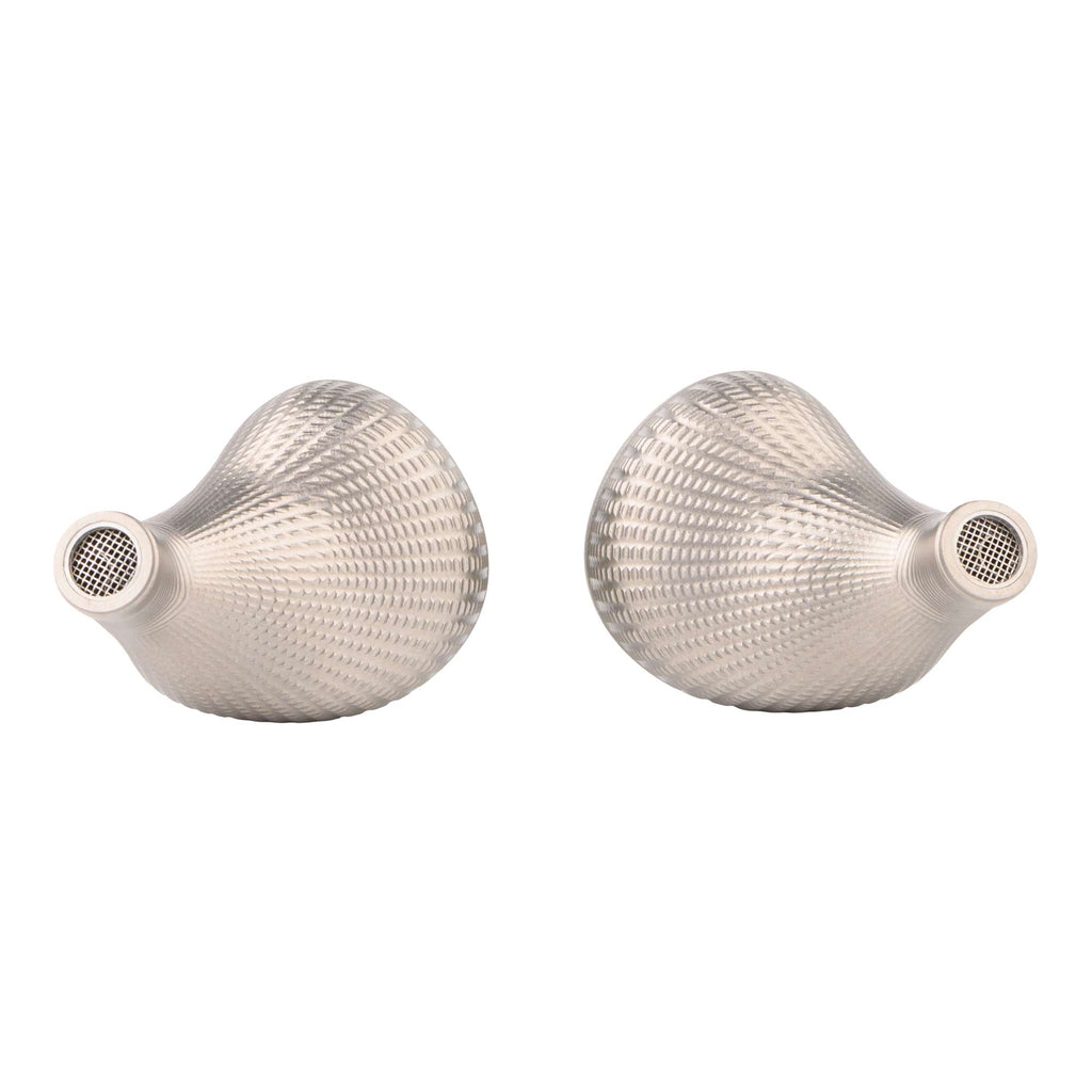 Noble Audio Kronos Flagship IEMs with textured silver metal housings shown from front on white background