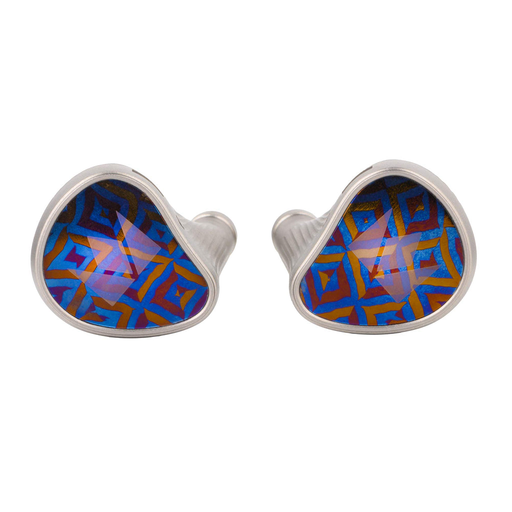 Noble Audio Kronos Flagship IEM with blue and orange geometric patterned faceplates on white background