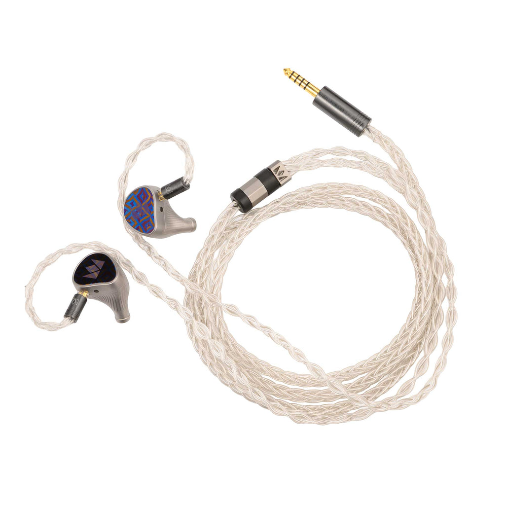 Noble Audio Kronos Flagship IEM with patterned faceplates and braided silver cable on white background