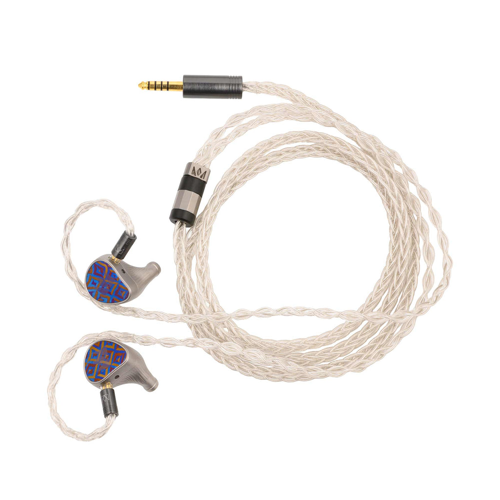 Noble Audio Kronos Flagship IEM with silver braided cable and blue patterned in ear monitors on white background
