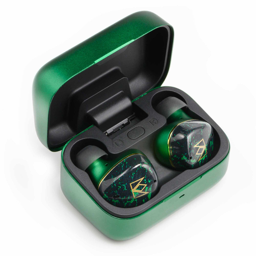 Noble Audio FoKus Rex5 TWS wireless earbuds in green with black marbled faceplates inside open matching charging case