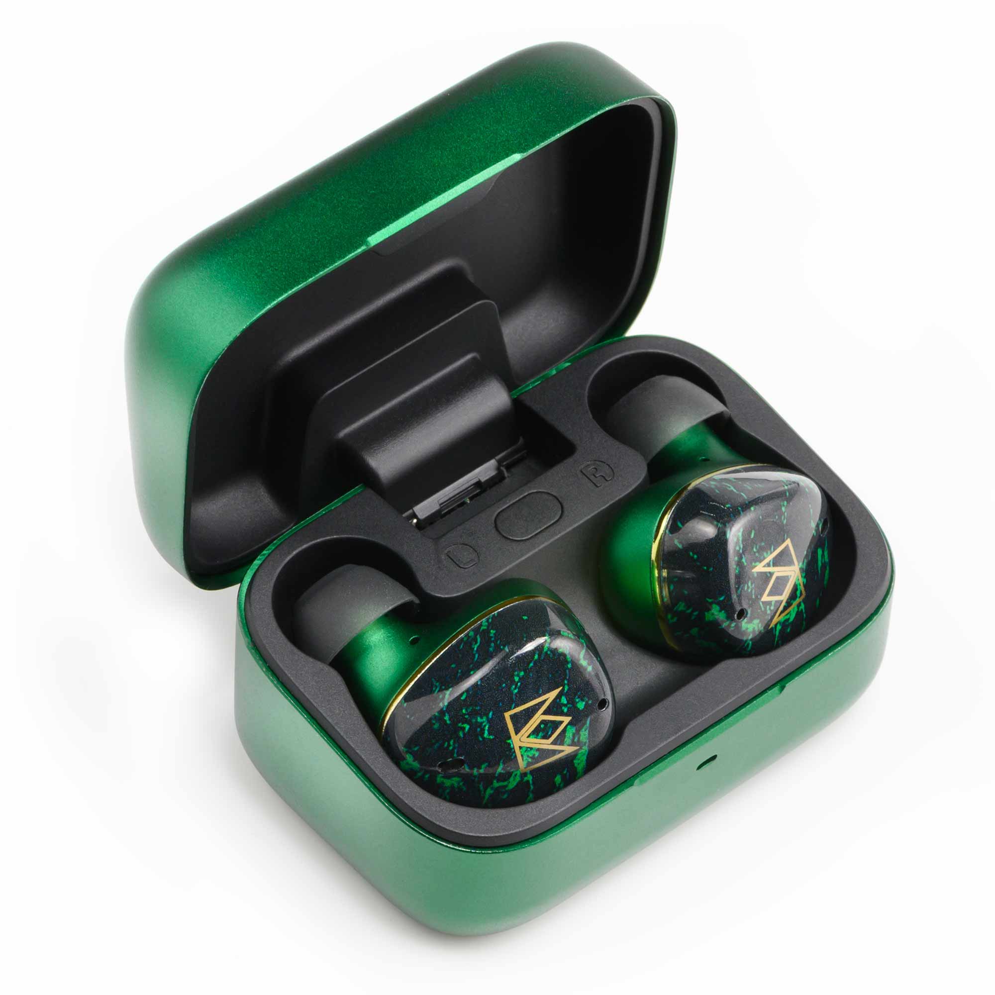 Noble Audio FoKus Rex5 TWS wireless earbuds in green with black marbled faceplates inside open matching charging case