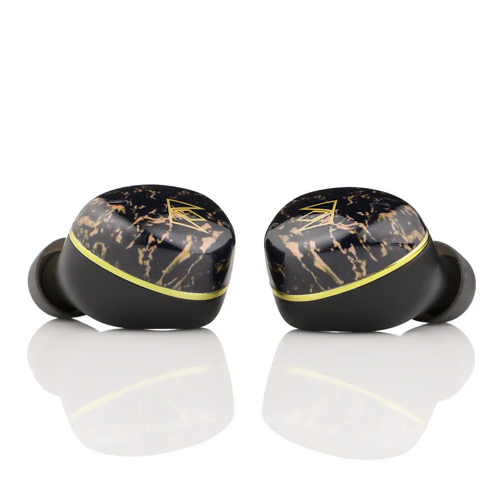 Noble Audio FoKus Rex5 TWS wireless earbuds with black and gold marbled design on reflective white surface
