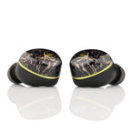 Noble Audio FoKus Rex5 TWS wireless earbuds with black and gold marbled design on reflective white surface