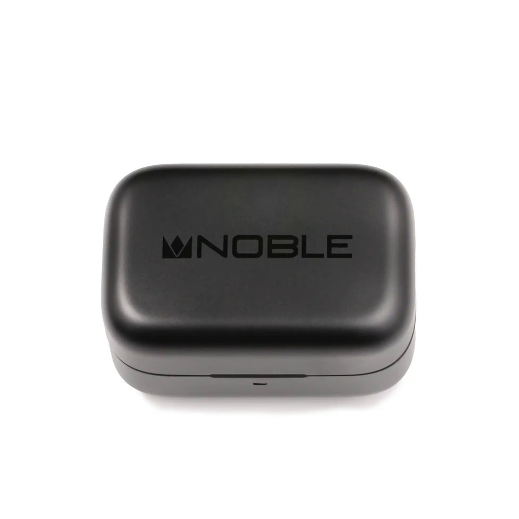 Closed black charging case with Noble logo for Noble Audio FoKus Rex5 TWS wireless earbuds on white background