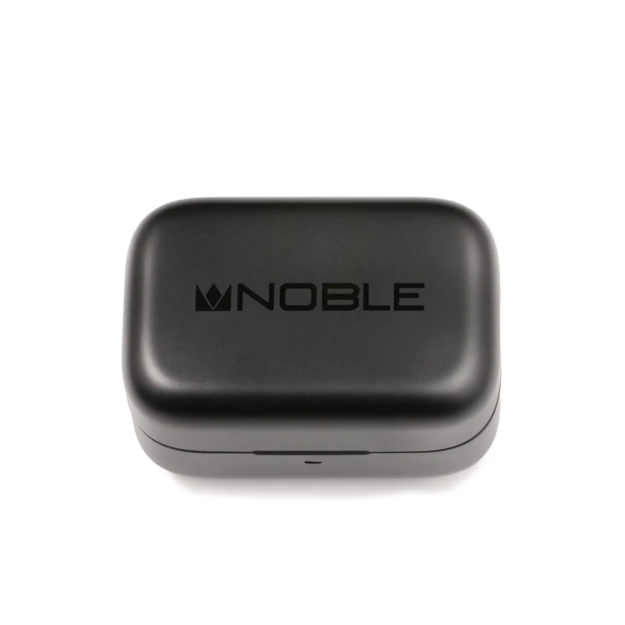 Closed black charging case with Noble logo for Noble Audio FoKus Rex5 TWS wireless earbuds on white background