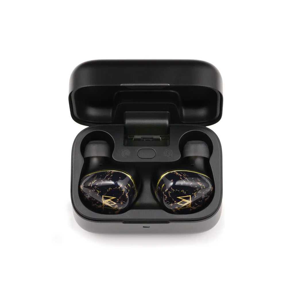 Noble Audio FoKus Rex5 TWS wireless earbuds with black and gold finish in open charging case on white background