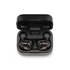 Noble Audio FoKus Rex5 TWS wireless earbuds with black and gold finish in open charging case on white background