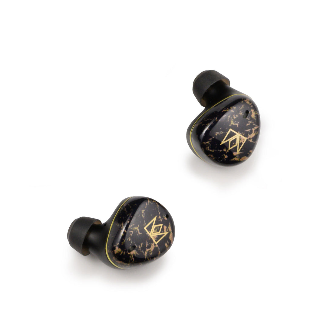 Noble Audio FoKus Rex5 TWS wireless earbuds with black and gold marbled design on white background