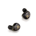 Noble Audio FoKus Rex5 TWS wireless earbuds with black and gold marbled design on white background