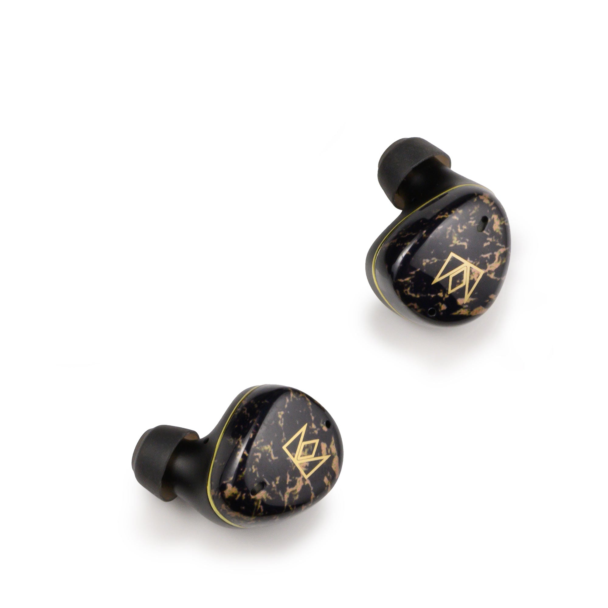 Noble Audio FoKus Rex5 TWS wireless earbuds with black and gold marbled design on white background