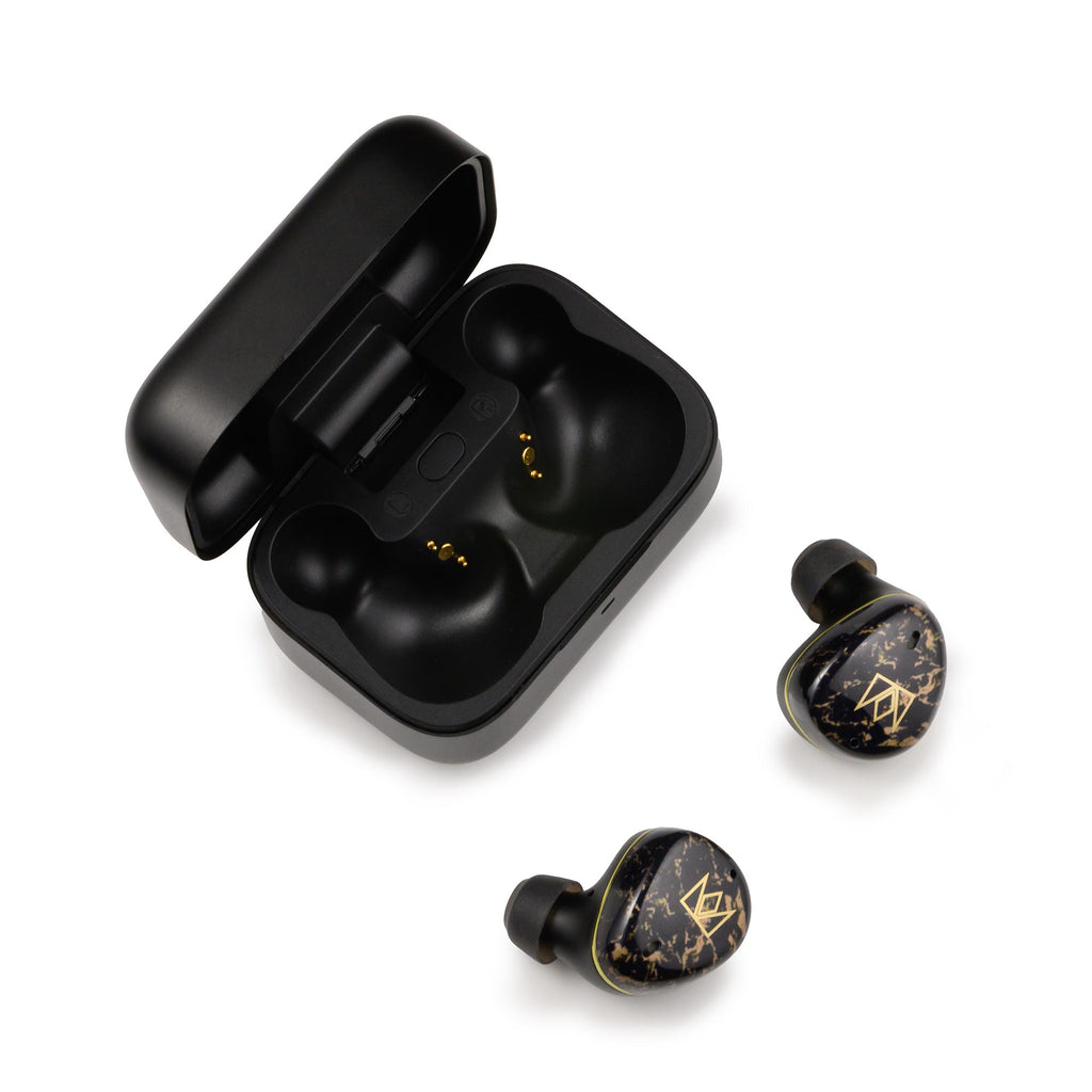 Noble Audio FoKus Rex5 TWS wireless earbuds with black and gold design next to open black charging case on white background