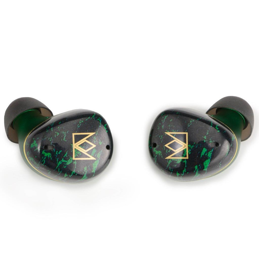 Noble Audio FoKus Rex5 TWS earbuds with black and green marbled design and gold logo on white background