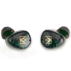 Noble Audio FoKus Rex5 TWS earbuds with black and green marbled design and gold logo on white background