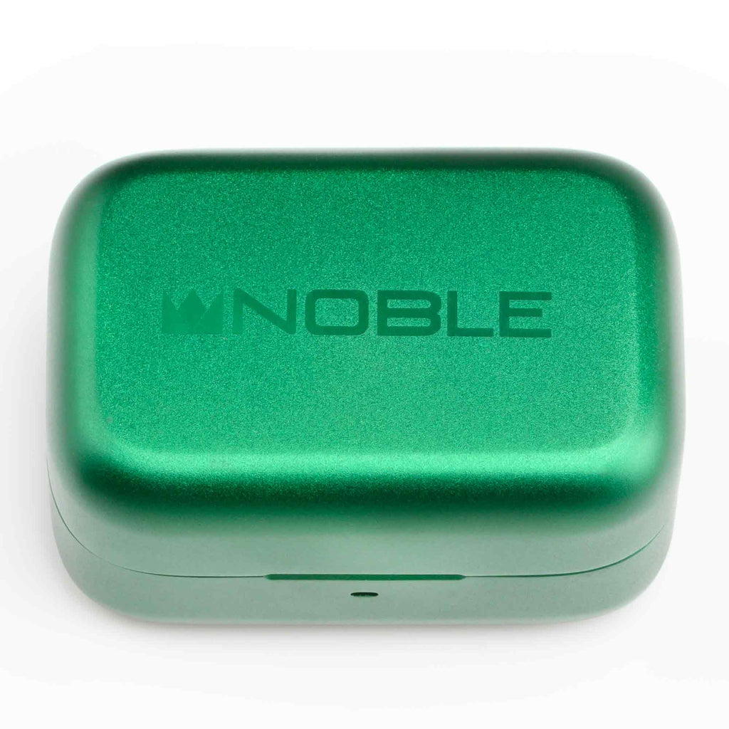 Green metallic charging case for Noble Audio FoKus Rex5 TWS earbuds with embossed brand logo on white background
