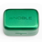 Green metallic charging case for Noble Audio FoKus Rex5 TWS earbuds with embossed brand logo on white background