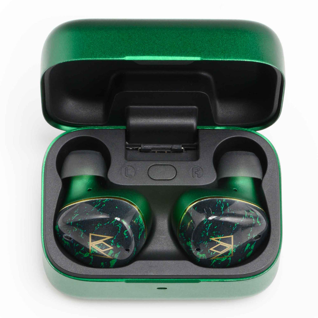 Noble Audio FoKus Rex5 TWS wireless earbuds in green and black with charging case open on white background