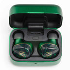 Noble Audio FoKus Rex5 TWS wireless earbuds in green and black with charging case open on white background