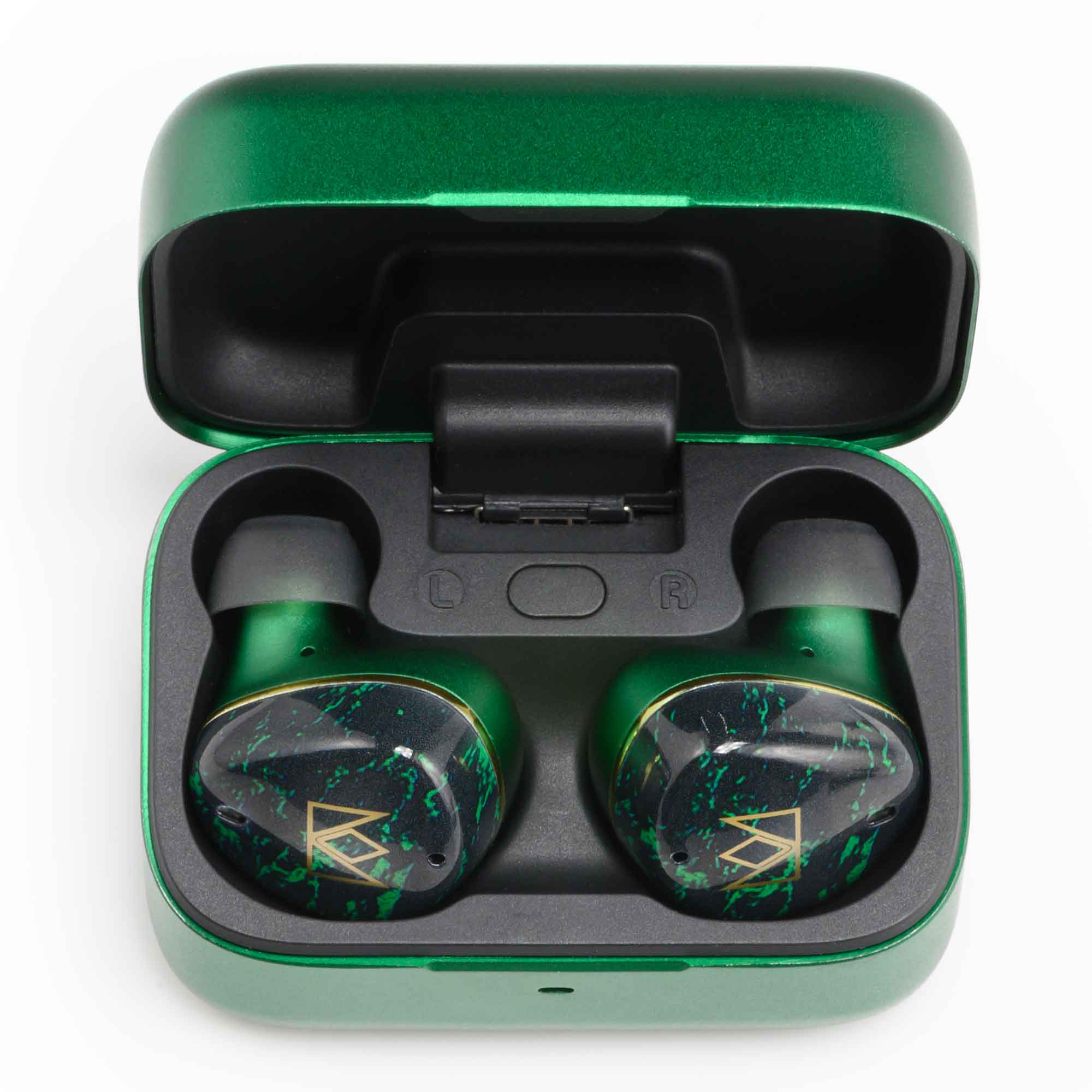 Noble Audio FoKus Rex5 TWS wireless earbuds in green and black with charging case open on white background