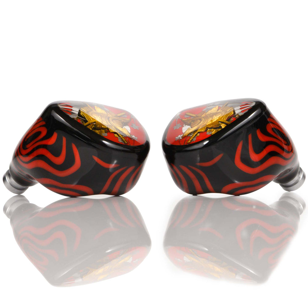 Noble Audio Shogun IEM in-ear monitors with red and black swirling design and gold emblem on glossy black shell