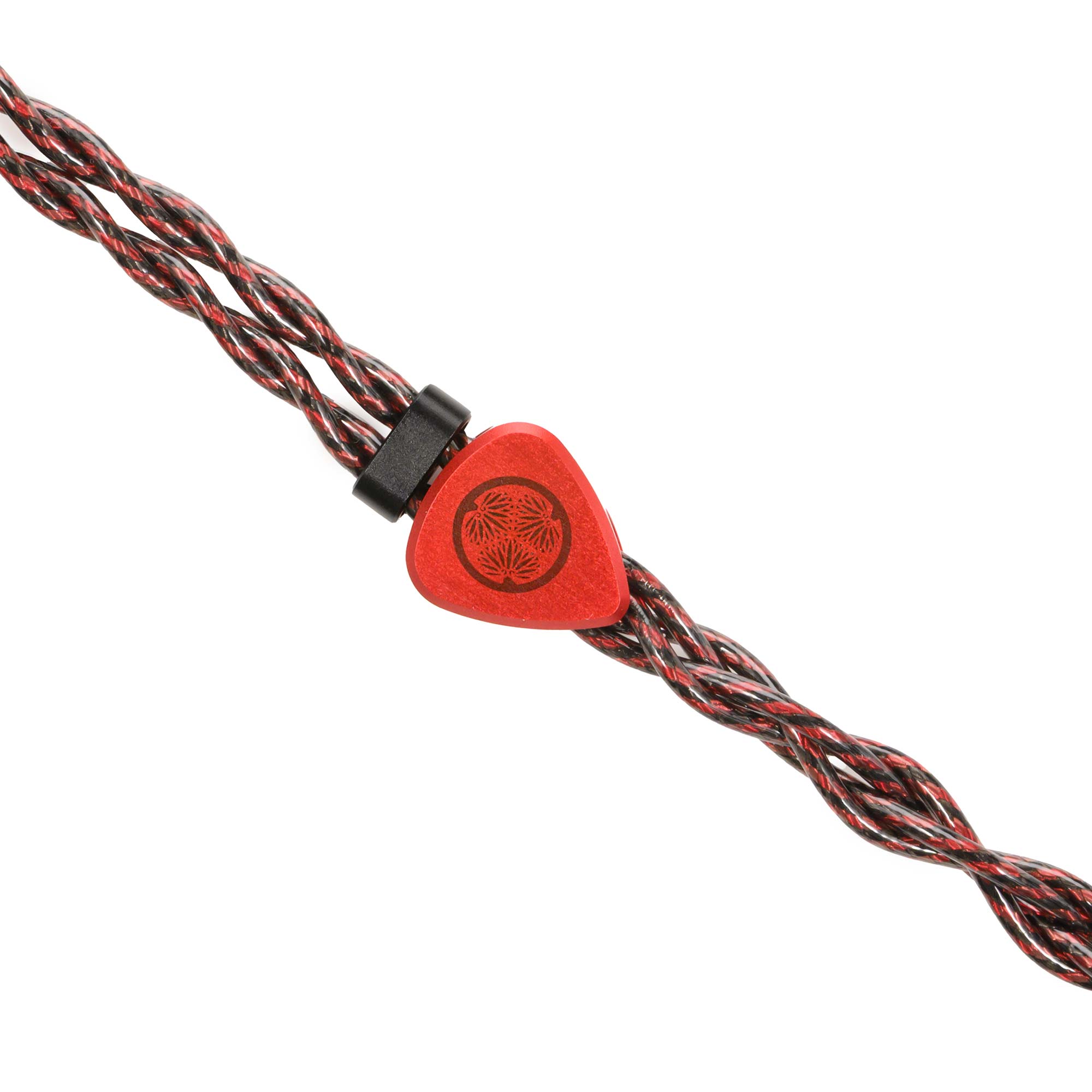 Close-up of the red cable cinch with black and red braided cable of the Noble Audio Shogun IEM on white background