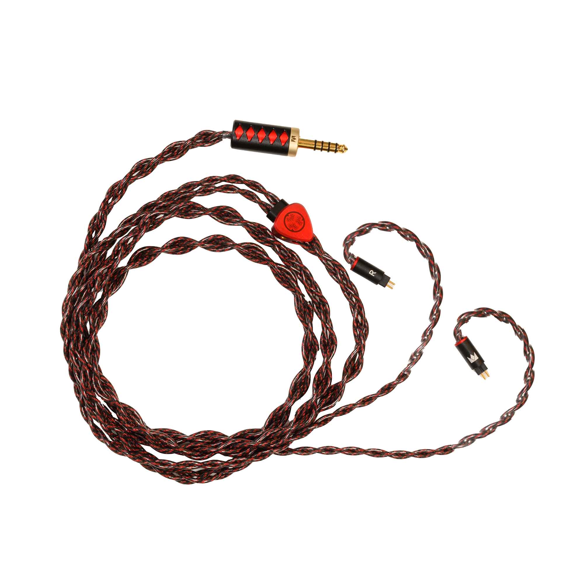 Replacement cable for Noble Audio Shogun IEM with braided red and black design and gold-plated 3.5mm connector