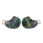 Noble Audio Van Gogh IEM with blue and yellow swirled resin shells and silver connectors on white background