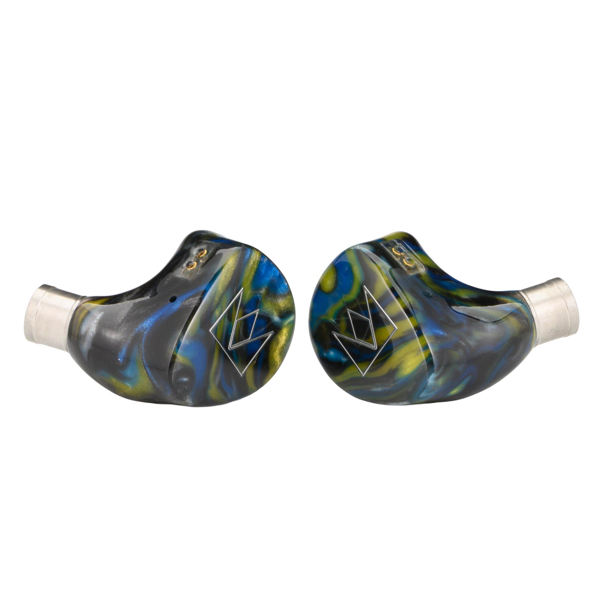 Noble Audio Van Gogh IEM with blue and yellow swirled resin shells and silver connectors on white background