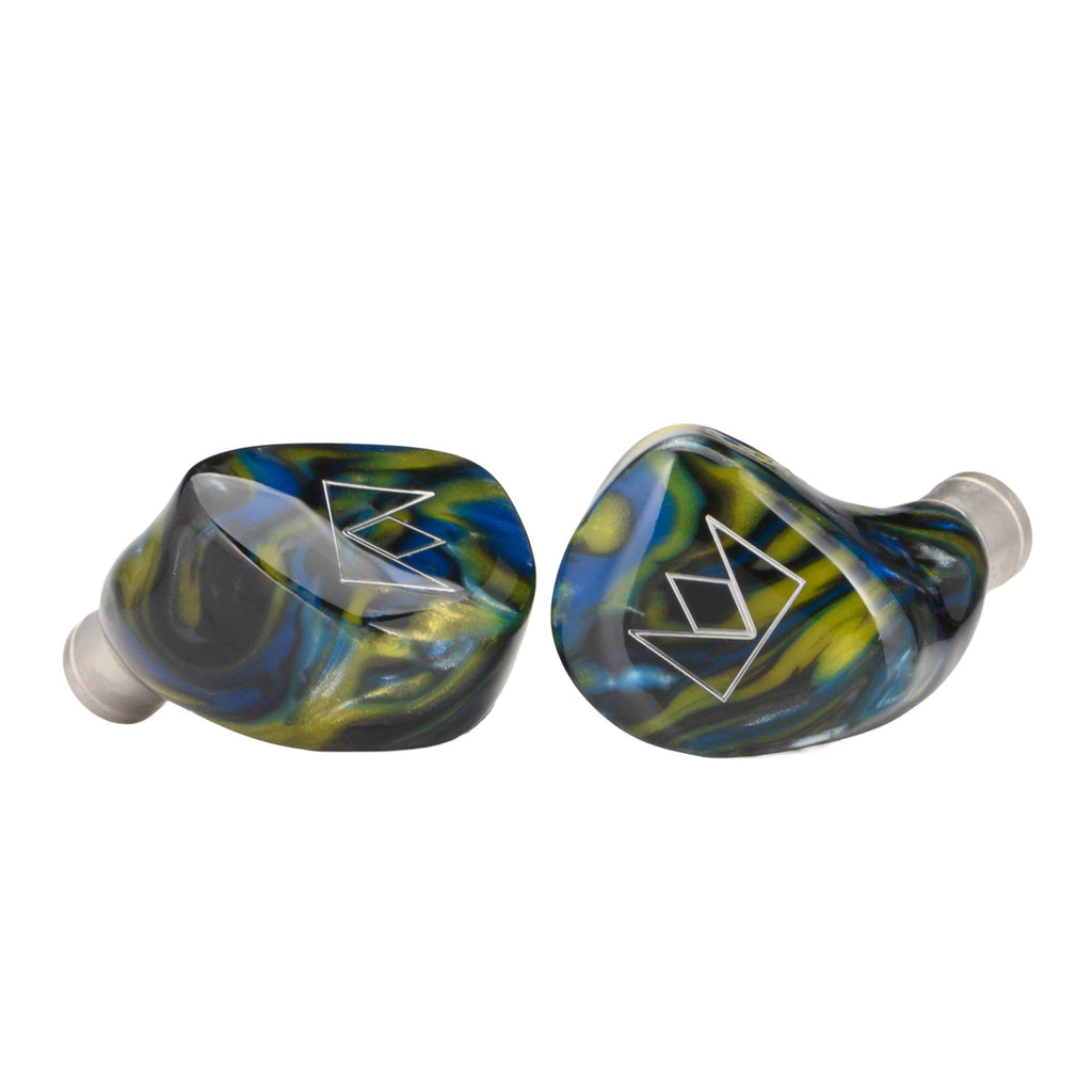 Noble Audio Van Gogh IEM with colorful swirl design and transparent nozzle tips on white background