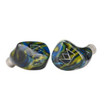 Noble Audio Van Gogh IEM with colorful swirl design and transparent nozzle tips on white background