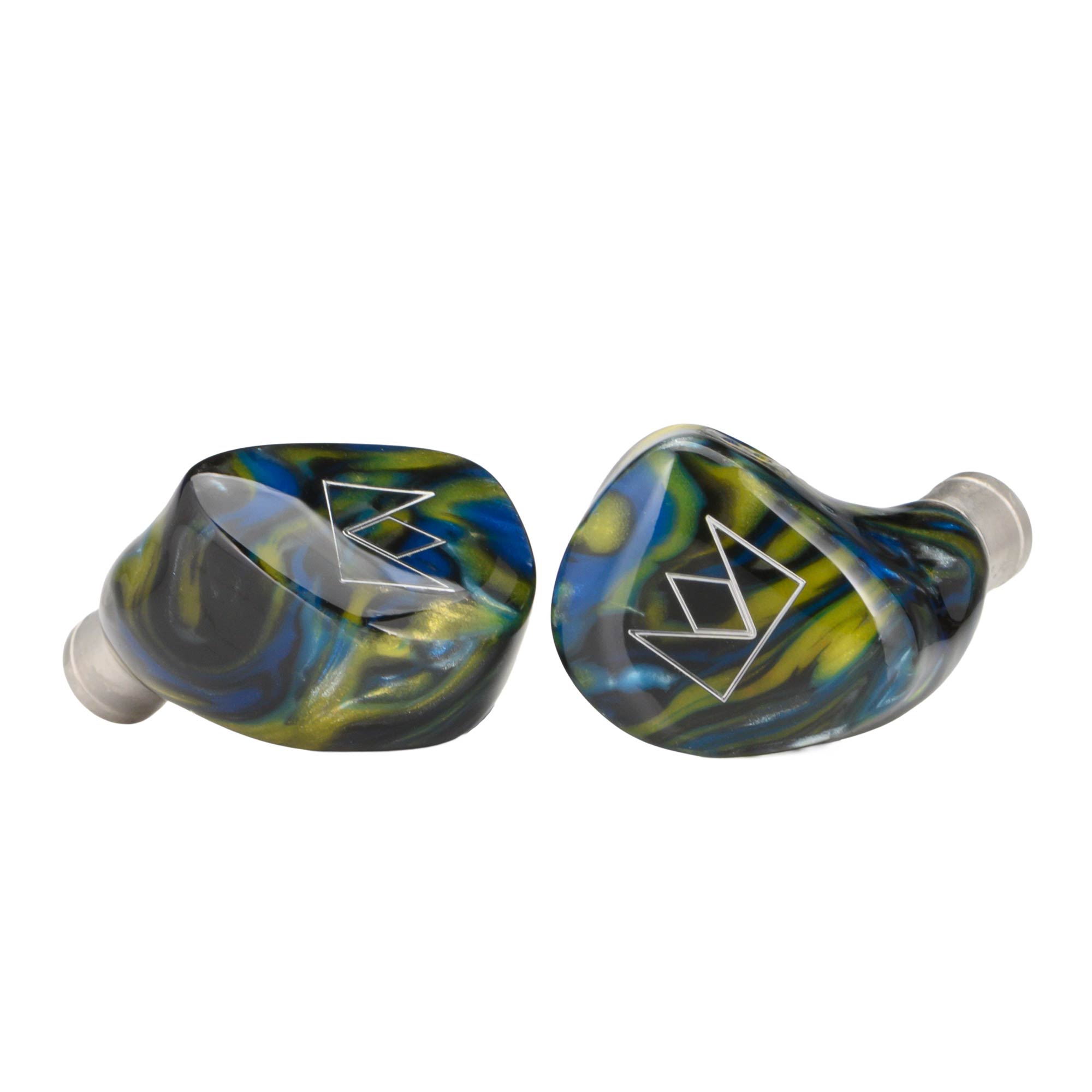 Noble Audio Van Gogh IEM with colorful swirl design and transparent nozzle tips on white background