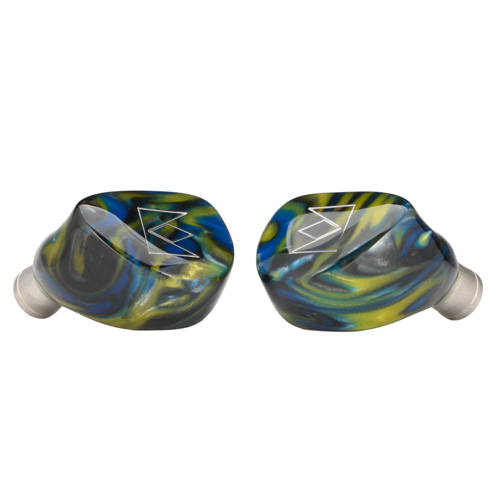 Noble Audio Van Gogh IEM with blue, yellow, and green marbled design and clear silicone ear tips on white background