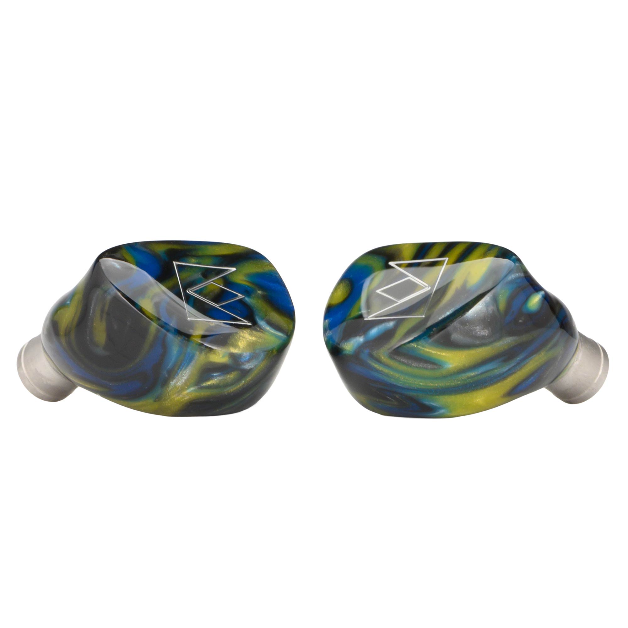 Noble Audio Van Gogh IEM with blue, yellow, and green marbled design and clear silicone ear tips on white background
