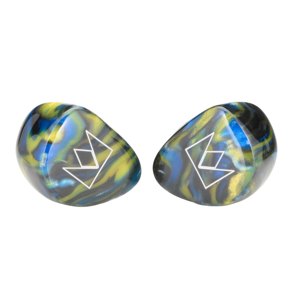 Noble Audio Van Gogh IEM with blue, green, and yellow swirling design and white logo on white background